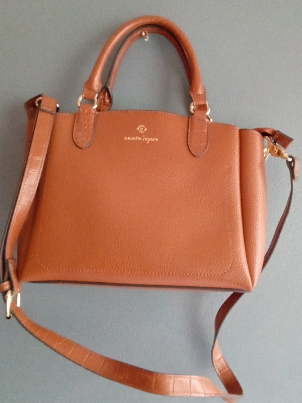 Nanette Lepore Cognac Brown Pebbled Satchel Crossbody Bag Gold Hardware